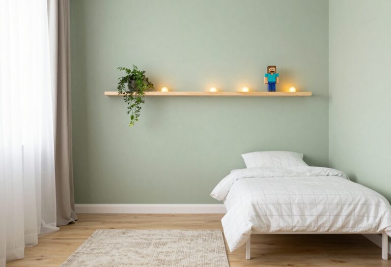 Light and airy Minecraft-themed boys bedroom with sage green walls, white bedding, wooden shelves, fairy lights, and a textured rug.