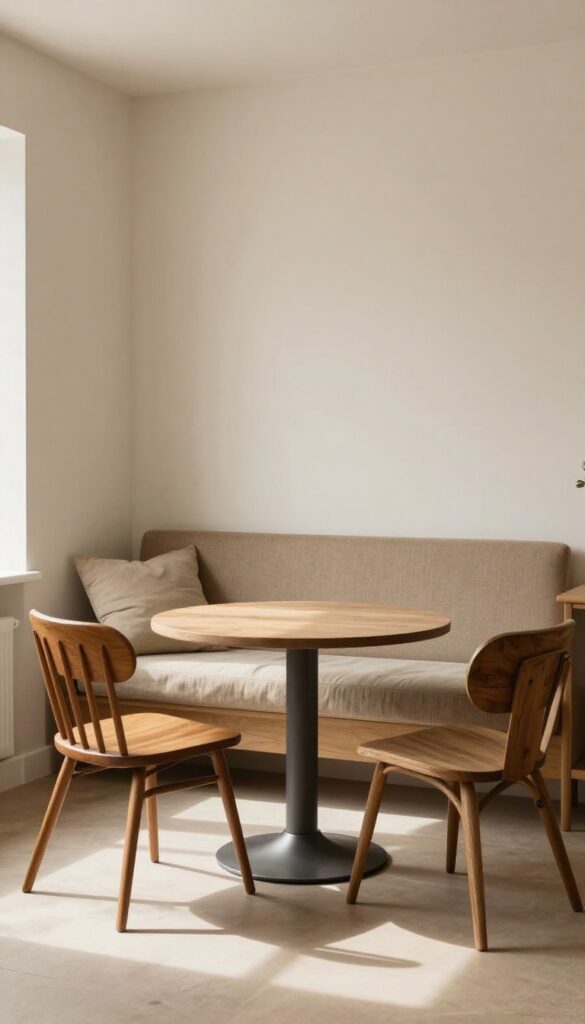 Kitchen nook with built-in banquette and eclectic mix of chairs in warm neutrals