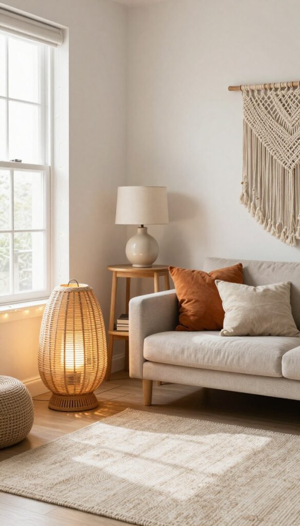 Cozy boho living room with layered lighting including floor lamp, table lamp, and string lights, creating warm ambient glow.