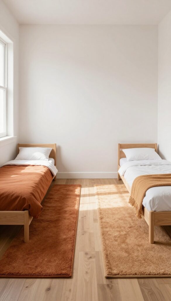 Children's bedroom with two twin beds and two distinct rugs in rust and ochre defining each side of the room.