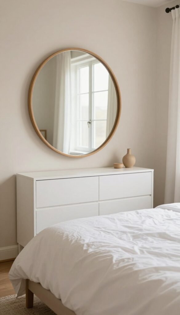 Small bedroom with large round mirror reflecting light and space
