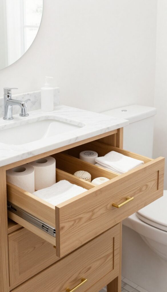 Custom vanity with built-in drawers in a small luxury guest toilet