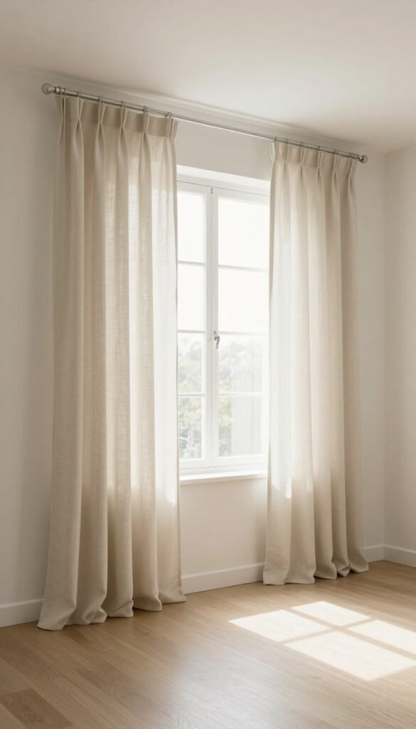 Small bedroom with curtains hung high and wide, floor-length linen panels, bright natural light, spacious feel.