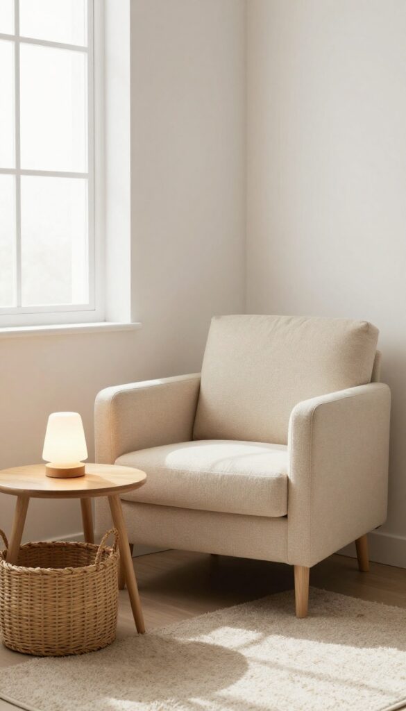 Cozy nursery feeding nook with plush armchair, side table, lamp, and woven basket