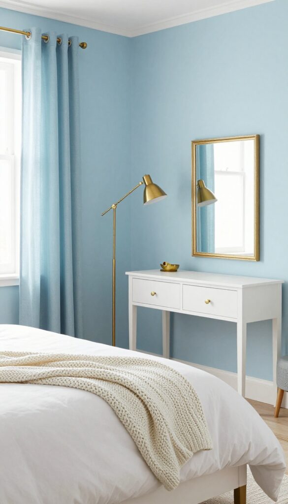 Ocean blue girl's bedroom with brass accents, white bed, and natural light