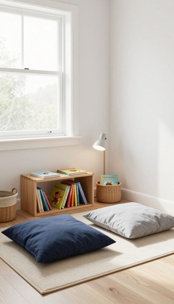 A cozy reading corner with floor cushions and a small bookshelf in a modern boys bedroom.
