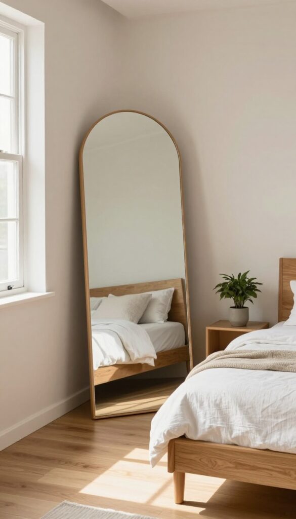 Small bedroom with large arched mirror reflecting light from window, cozy neutral decor
