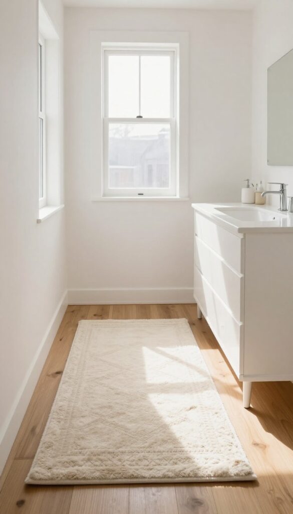 Bright powder room with plush cream rug runner on hardwood floor, white vanity, natural light.