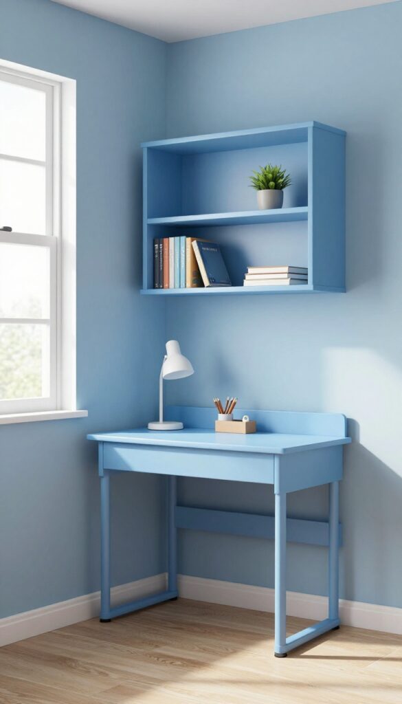 Blue desk nook with floating shelves in a small boy's bedroom