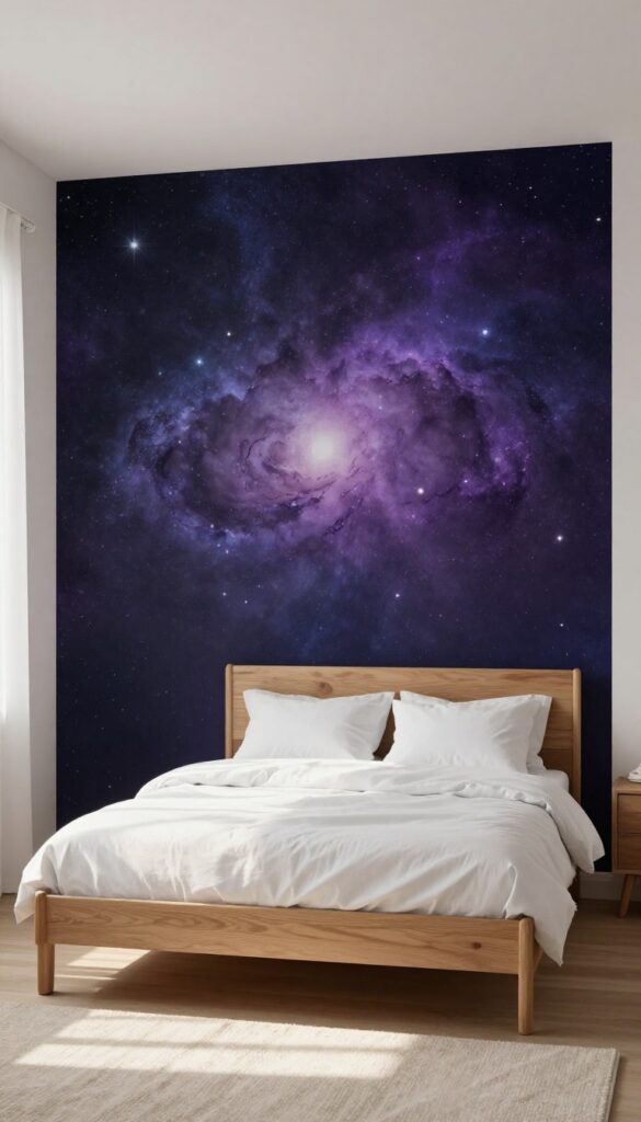 Boy's bedroom with galaxy mural accent wall, white bedding, natural wood bed frame, and soft rug