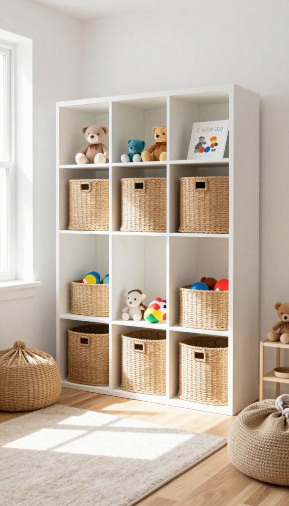 Small kids bedroom with vertical white shelves and woven baskets for toy storage, bright natural light, cozy corner with rug and beanbag.