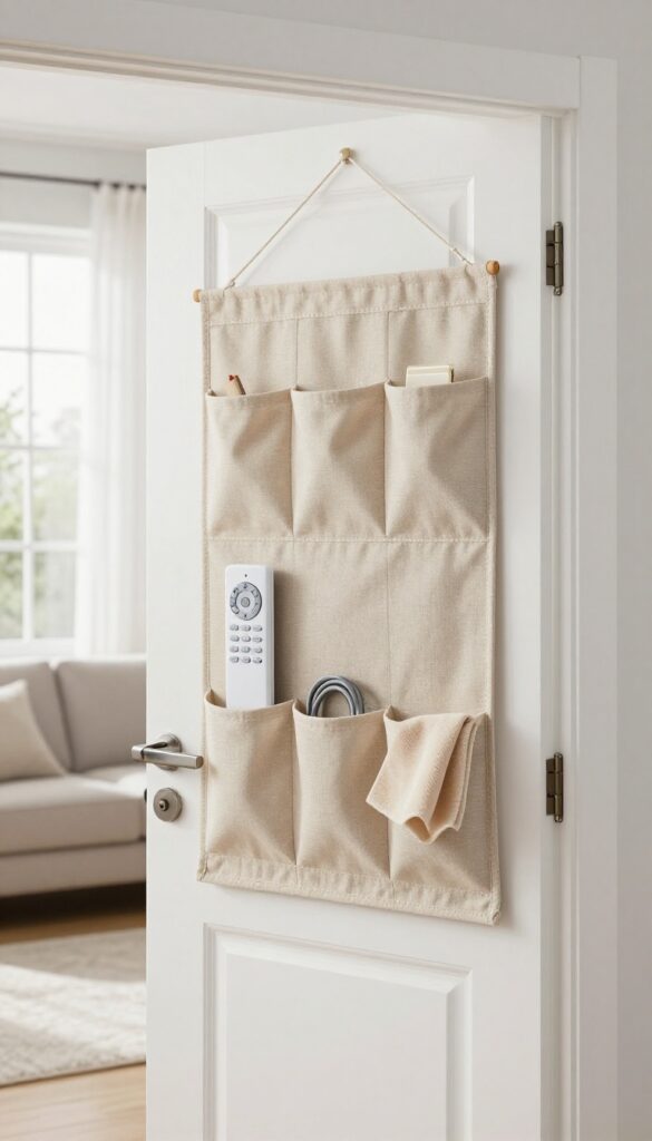 A beige fabric over-the-door organizer hanging on the back of a living room door, holding a remote, cable, and cloth, with natural light and minimalist decor.