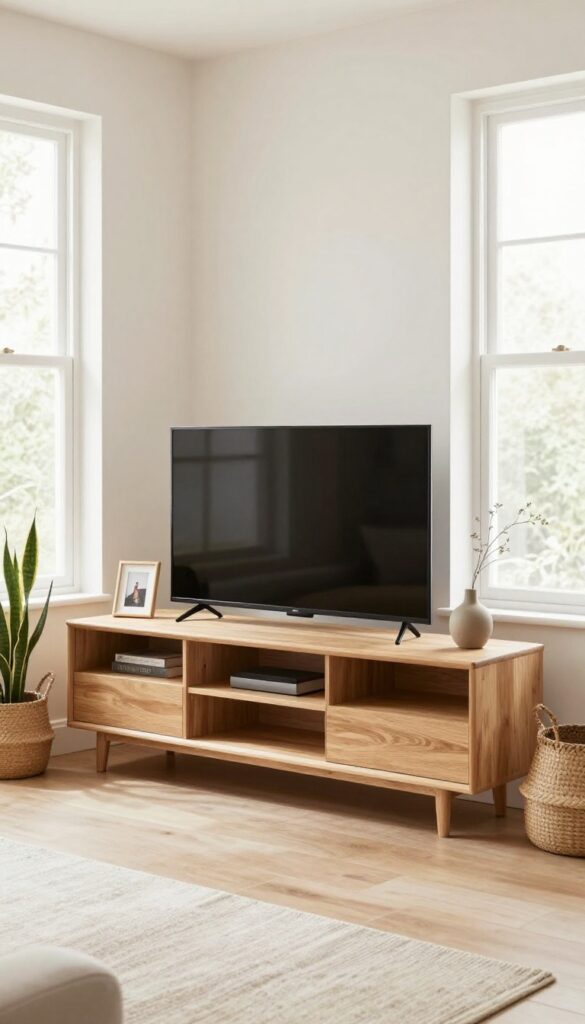 Corner TV stand in a bright living room with a plant and decorative items, maximizing awkward space.