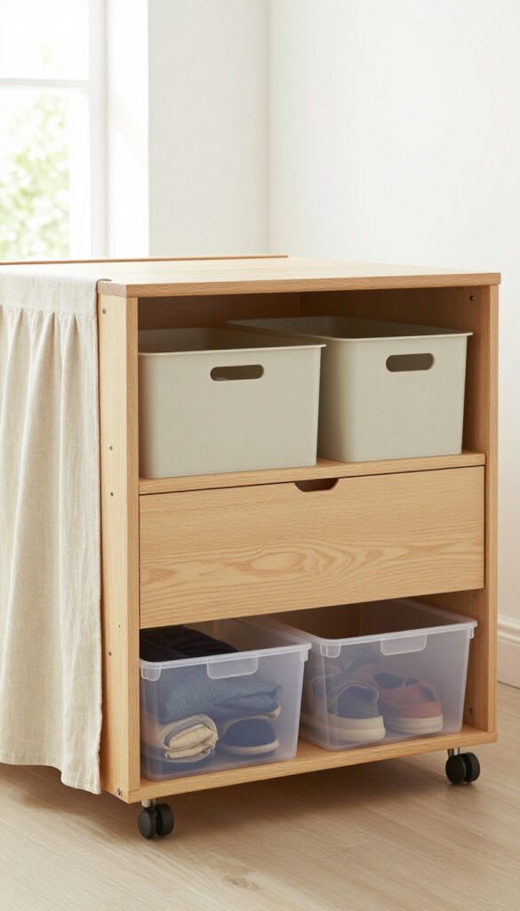 Under-bed storage bins and rolling drawers neatly organized beneath a wooden bed frame in a bright, airy bedroom