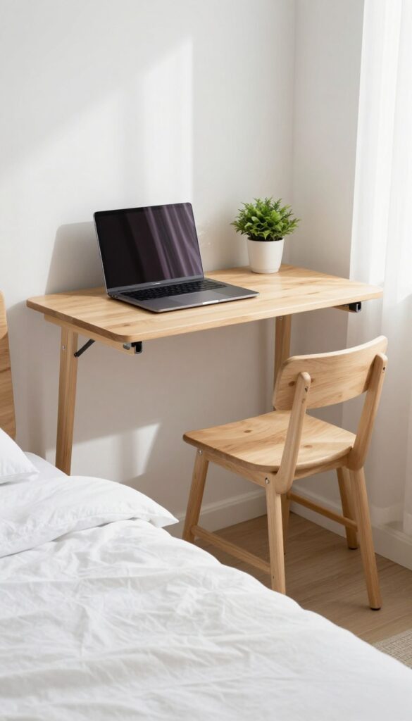 Wall-mounted folding desk in a small bedroom, folded down with a laptop and plant, slim stool underneath, bright natural light