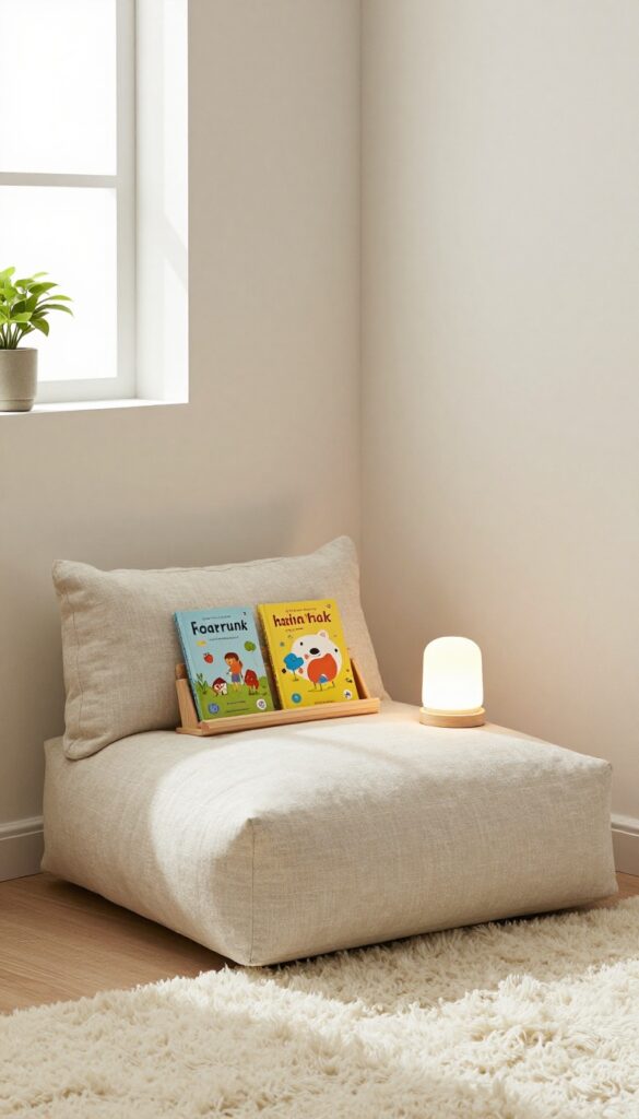 A cozy reading nook in a corner of a kids' bedroom with a floor cushion, bookshelf, and warm lighting.