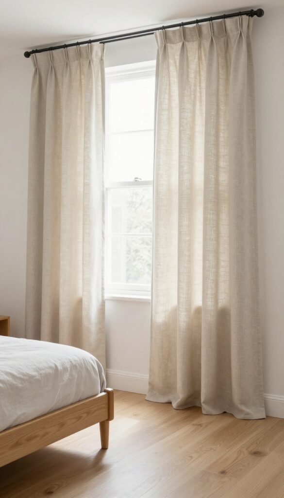 Guest bedroom with floor-length light linen curtains softening the room, neutral decor, natural light.