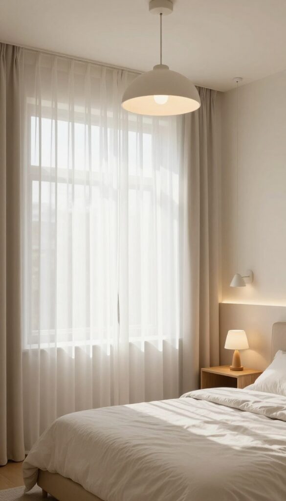 Small bedroom with layered lighting from overhead pendant, table lamp, and wall sconces, creating a warm and spacious feel.