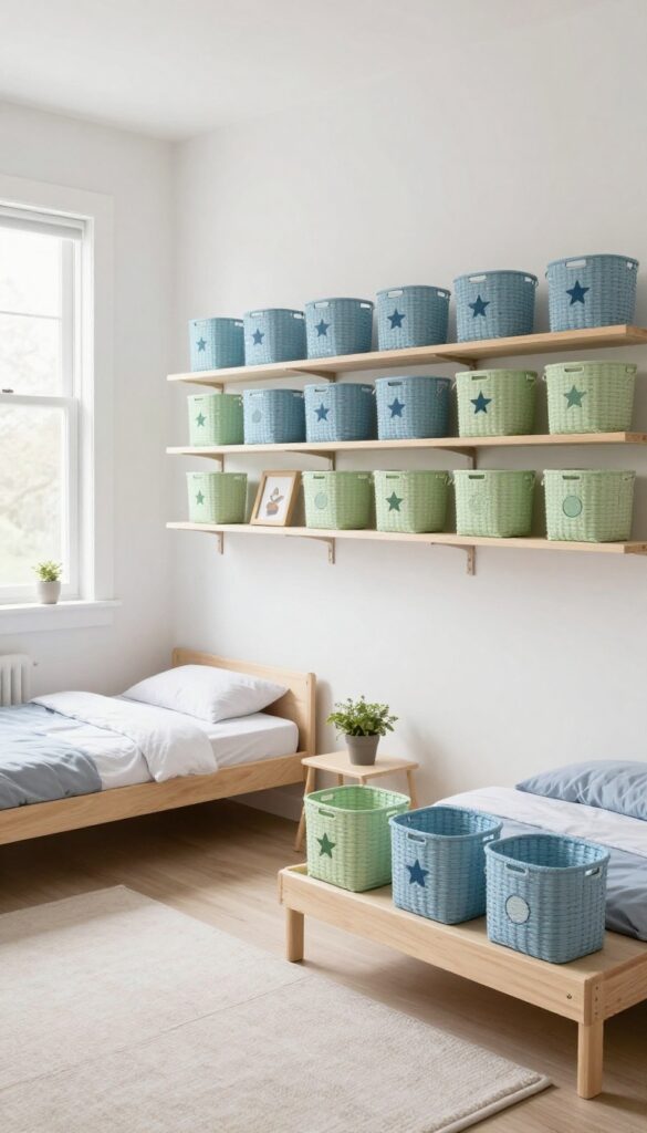 Two kids bedroom with shared wall-mounted shelving and personal bins in blue and green, bright natural light, clean minimalist design.