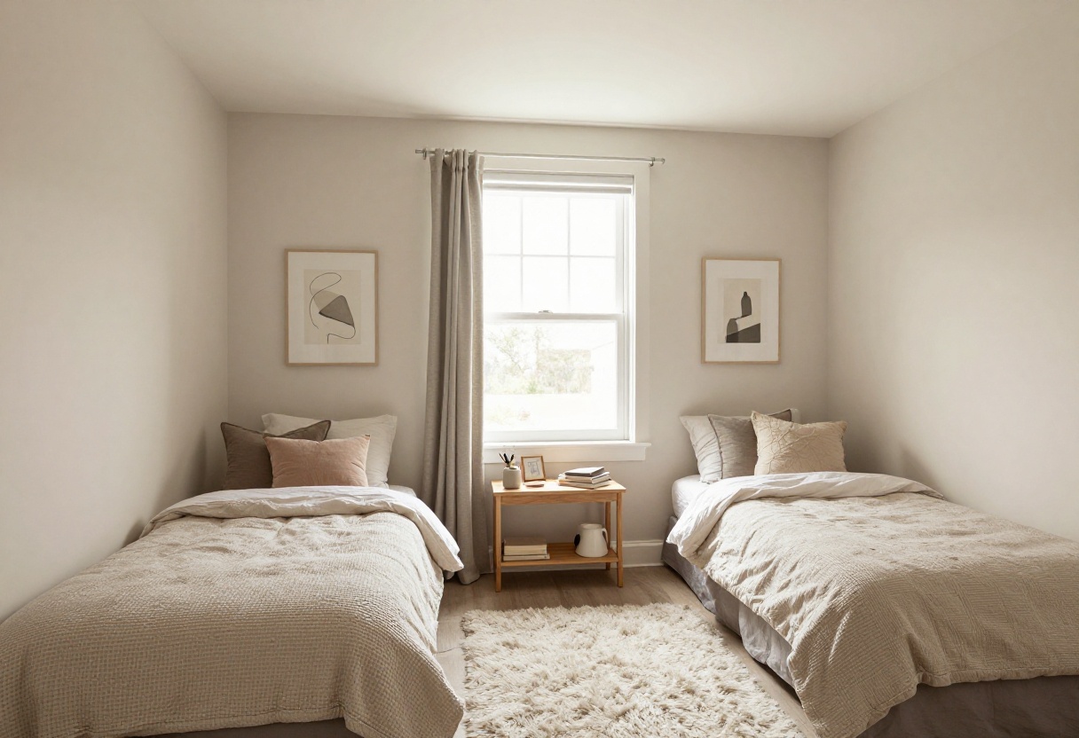 Cozy shared girls bedroom with two twin beds under a canopy, soft neutral decor, and warm natural light.