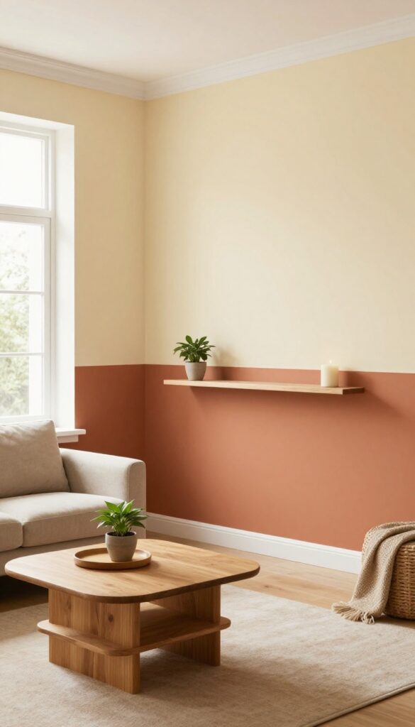 Two-tone wall with horizontal split in terracotta and cream in a bright living room