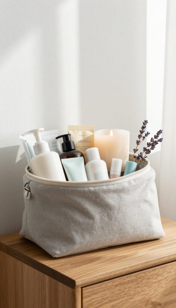 Guest room welcome basket with self-care essentials including travel-sized toiletries and a lavender sprig in a canvas toiletry bag.