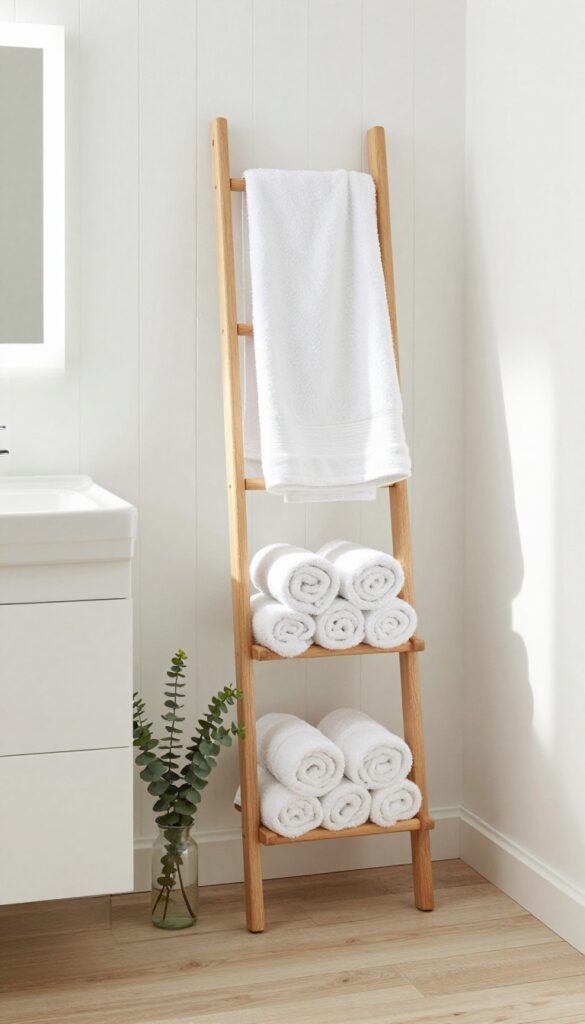 Wooden towel ladder in a bright guest bathroom with rolled white towels and eucalyptus decor.