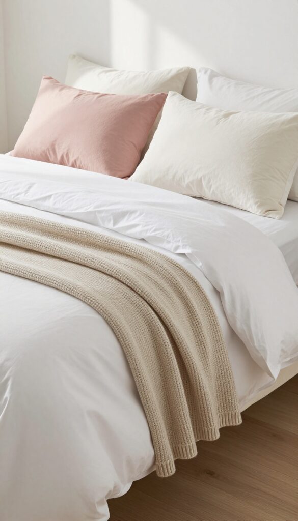 Layered bedding on a bed in a small, bright bedroom with white sheets, a chunky knit throw, and textured pillows in neutral and dusty rose tones.