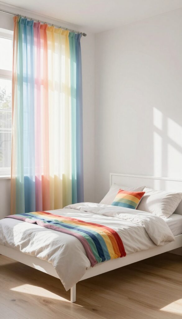 Girl's bedroom with sheer rainbow-striped curtains filtering sunlight, neutral bedding, and rainbow throw pillows.