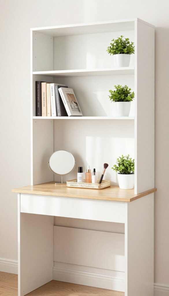Teen girl bedroom with bookshelf desk and vanity tray