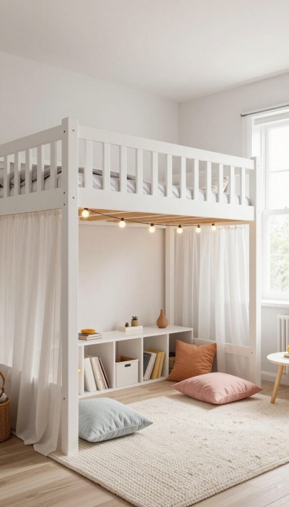 Loft bed with play area underneath featuring rug, cushions, bookshelf, and string lights