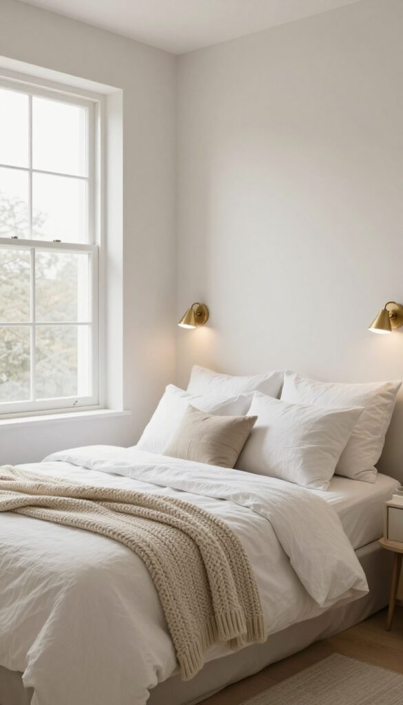 Small double bedroom with wall-mounted brass sconces, minimal nightstands, soft natural light, cozy bedding.
