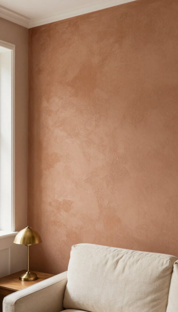 Textured plaster wall in warm terracotta with natural light, linen sofa, and wooden side table