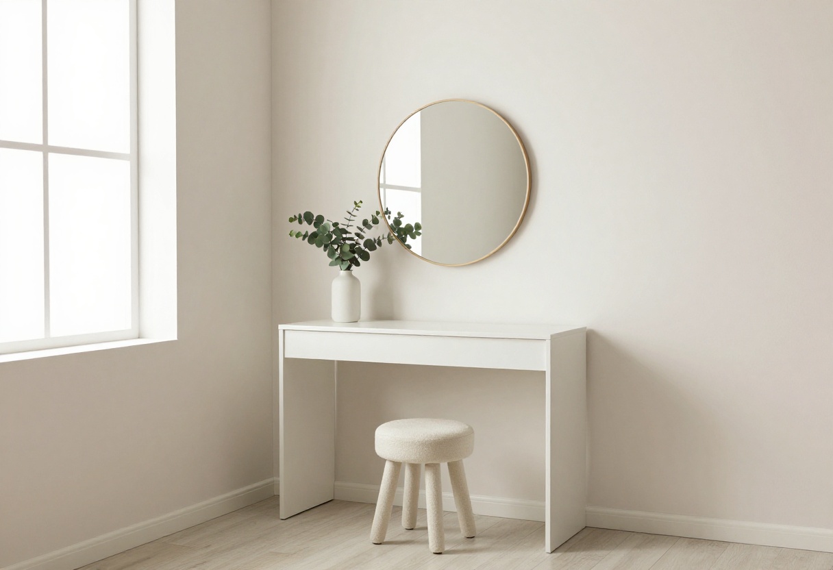 Small bedroom corner with floating dressing table, round mirror, and stool in natural light