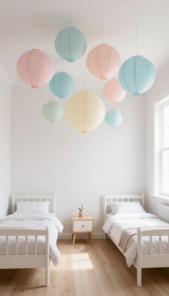 A shared boy and girl bedroom with floating paper lanterns hanging from the ceiling, creating a unified focal point.