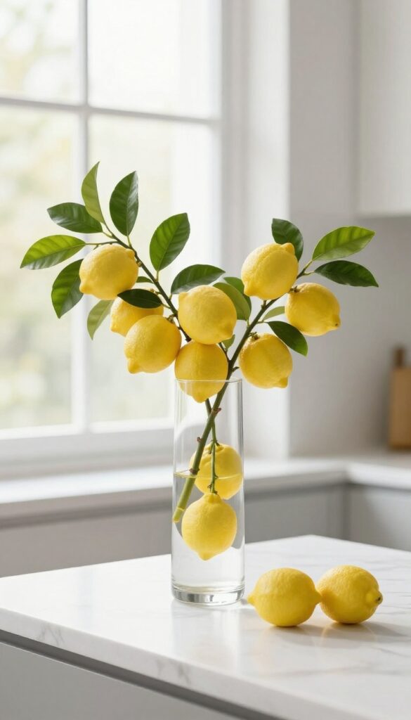 A single lemon branch in a slim glass vase on a kitchen counter, minimal and bright.