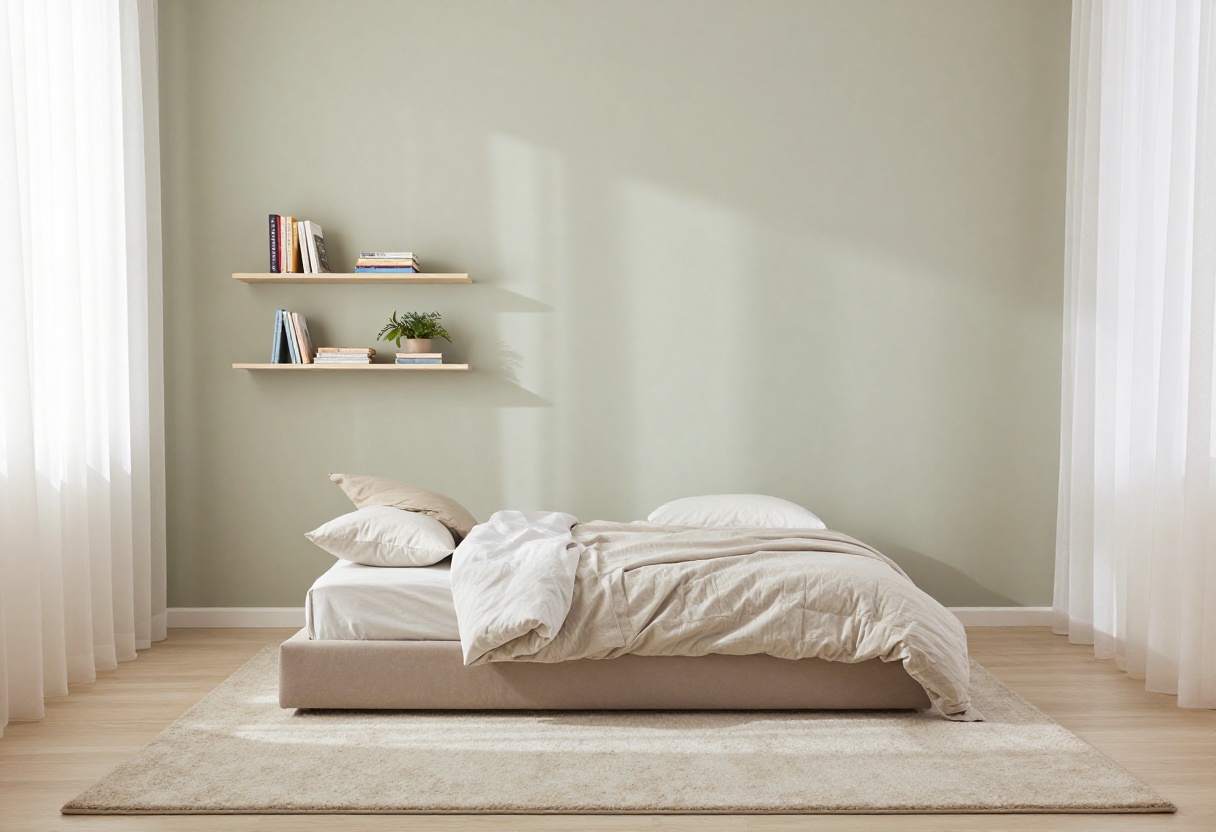 Modern kids bedroom with low platform bed, neutral decor, and sage accent wall