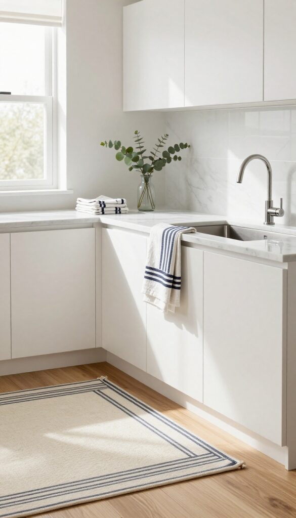 Guest suite kitchenette with soft textiles: cream runner rug, navy-striped dish towel and napkins, eucalyptus in vase, bright natural light.