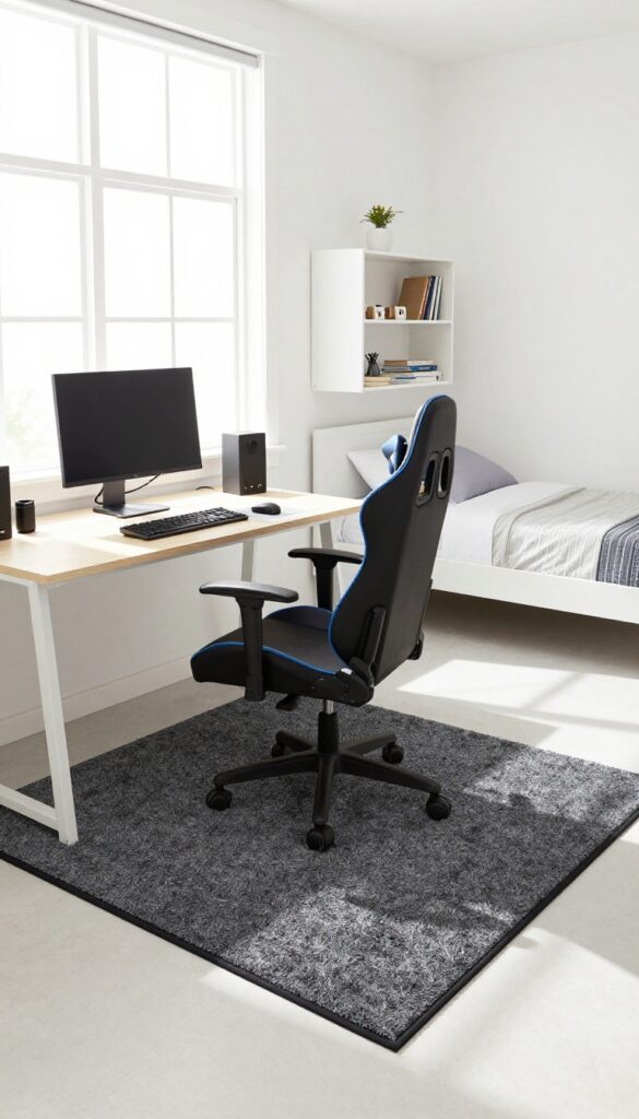 A charcoal rug under a gaming desk and chair in a bright kids bedroom, defining the gaming zone.