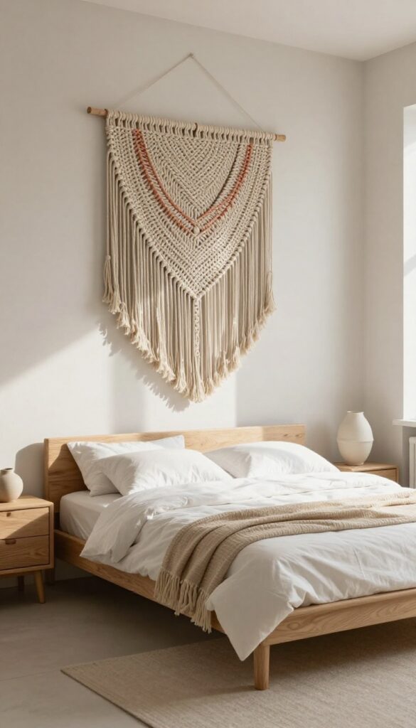 Small bedroom with neutral bedding and a single woven macrame wall hanging in pale terracotta as the focal point.