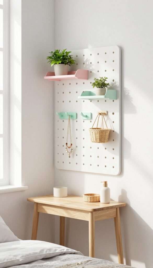 White pegboard wall organizer above a desk in a bright bedroom with pastel accessories and natural light.