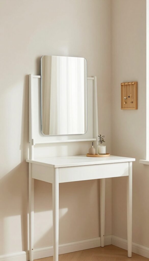 Wall-mounted fold-down desk in a small bedroom corner with mirror and decor, bright natural light.