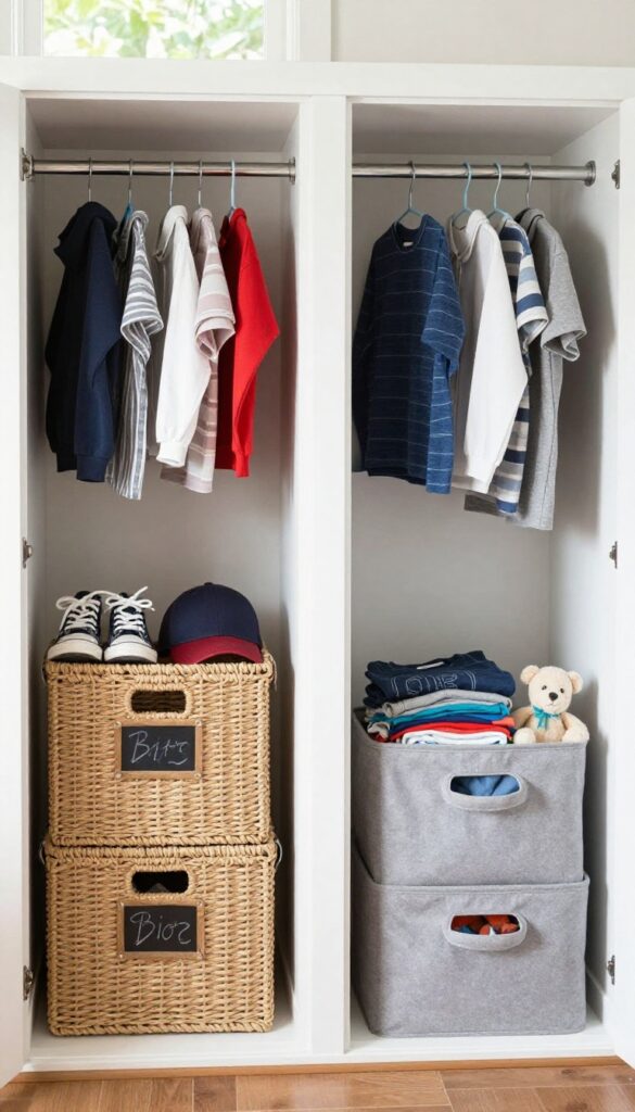 Shared closet with individual baskets for two kids, labeled and organized with shoes and clothes.