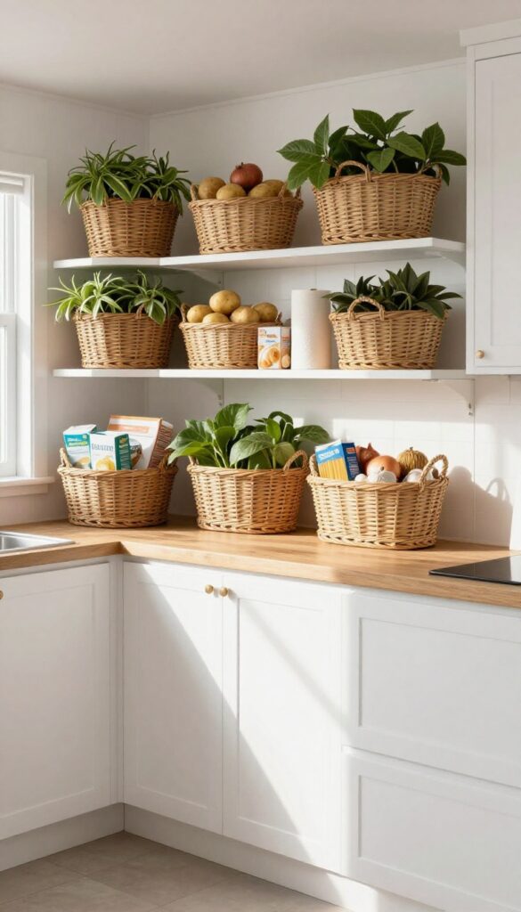 Mobile home kitchen with woven baskets for bulk storage on open shelves, natural light, clean composition