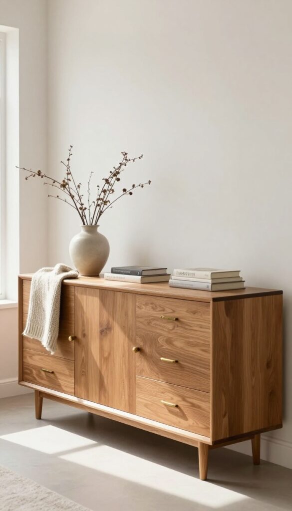 Low credenza with warm wood finish in bright living room