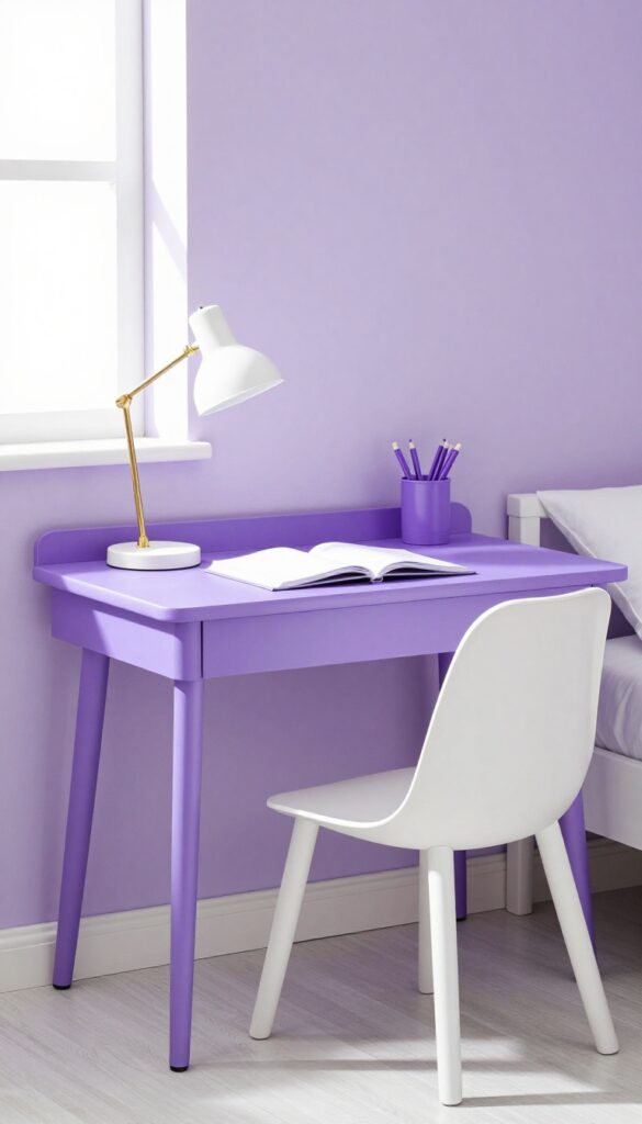 Small purple desk with white chair in a whimsical girls' bedroom