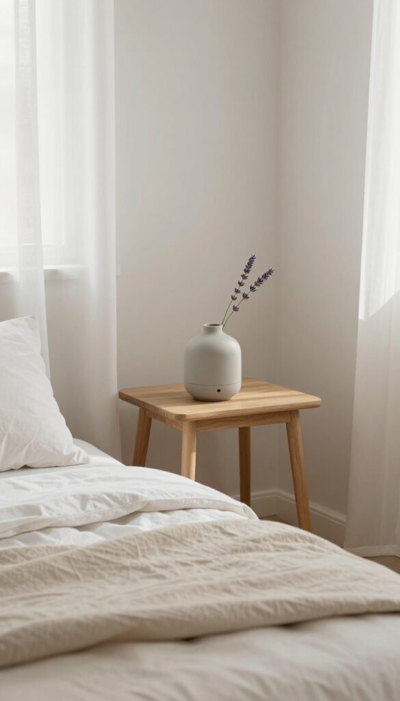 Small bedroom with layered bedding and a calming lavender diffuser on nightstand