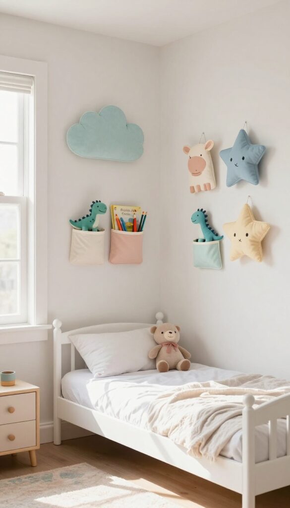 Fabric wall pockets in fun shapes hanging on a wall in a child's bedroom, holding small toys and art supplies.