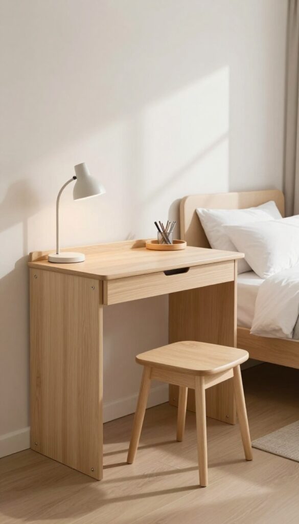 Small guest bedroom with a wall-mounted fold-down desk in light wood, styled with a stool and accessories, soft bedding in background, bright natural light.