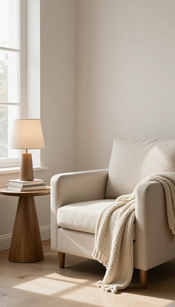 Cozy guest bedroom reading nook with armchair, side table, lamp, books, and knit throw in natural light